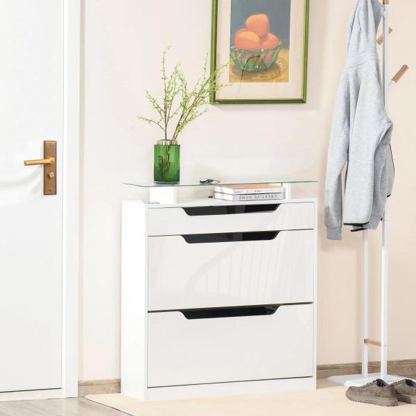 Sapateira Entrada Estreito Móvel para 16 pares de Sapatos com 2 Portas Gaveta Prateleira Aberta e Bancada de Vidro 89x23x96 cm Branco