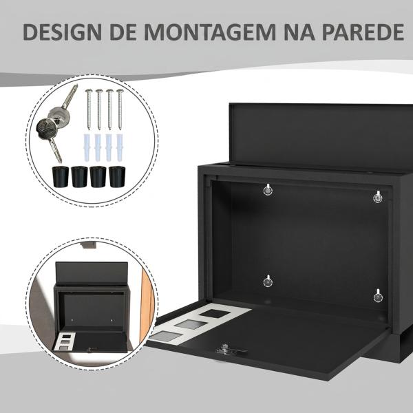 Caixa de Correio Exterior em Metal de Parede com Fechadura, 2 Chaves, Janelas de Visualização e Fecho Silencioso 36,5x11,5x29 cm Preto