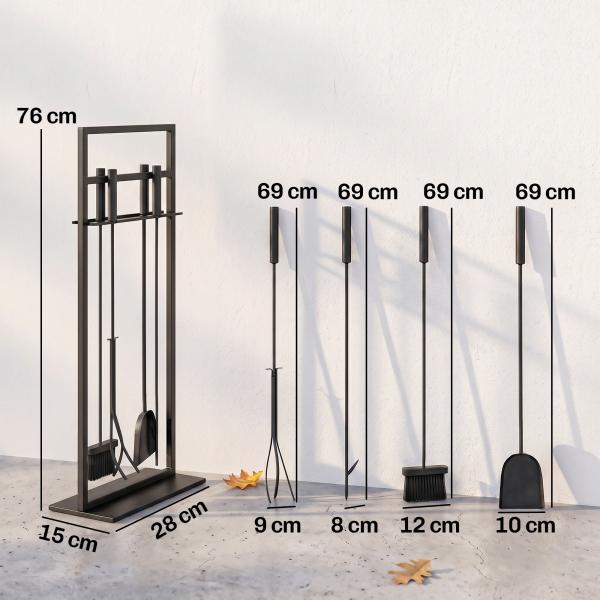 Conjunto de Utensílios para Lareira de 5 Peças em Metal com Escova, Pá, Atiçador, Pinça e Suporte, Preto