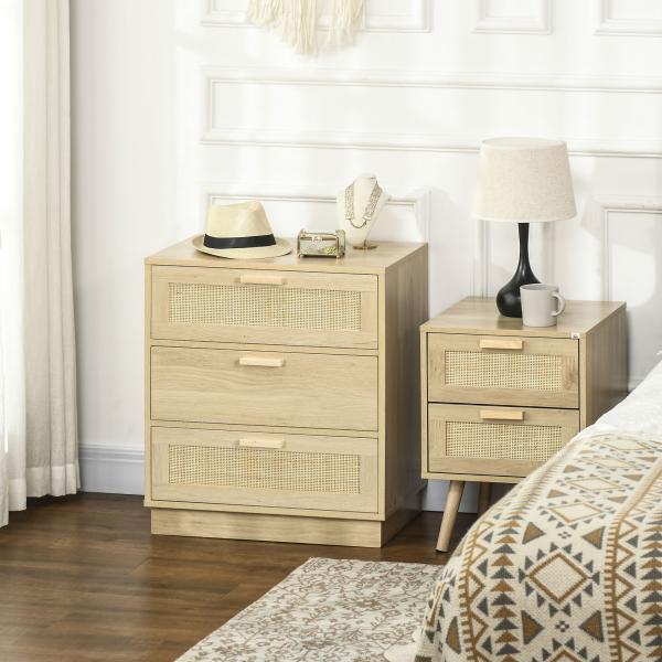 Cómoda com 3 Gavetas de Vime Cómoda de Madeira para Dormitório Sala de Estar Estilo Boêmio 60x38x69 cm Madeira