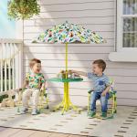 Conjunto Infantil de Mesa e Cadeiras de Jardim de 4 Peças Cadeiras Dobráveis Chapéu de Sol Desmontável Design de Selva Verde