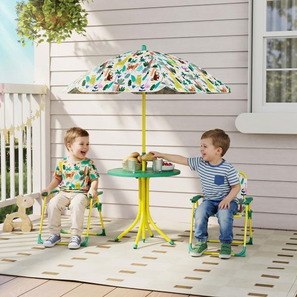 Conjunto Infantil de Mesa e Cadeiras de Jardim de 4 Peças Cadeiras Dobráveis Chapéu de Sol Desmontável Design de Selva Verde