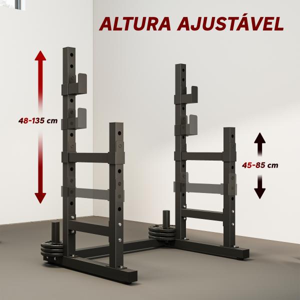 Suporte Ajustável para Barras de Pesas com Segurança Reforçada Carga até 300 kg Altura Regulável 48 - 135/45 - 85 cm Preto