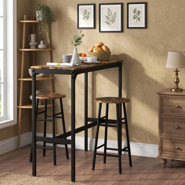 Conjunto de Mesa Alta de Cozinha com 2 Bancos Estrutura em Aço Estilo Industrial para Sala de Jantar Castanho Rústico