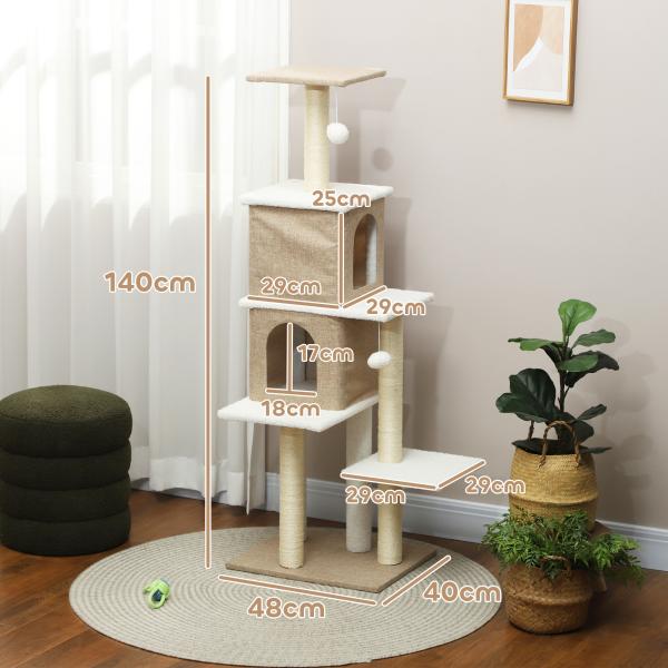 Arranhador para Gatos em Borrego com 2 Cavernas Plataformas Bolas Suspensas e Poste de Sisal 48x40x140 cm Marrom Claro