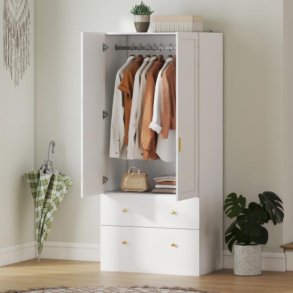 Roupeiro com 2 Portas e 2 Gavetas Armário Roupeiro com Espelho Barra para Pendurar Estilo Moderno 80x50x180 cm Branco