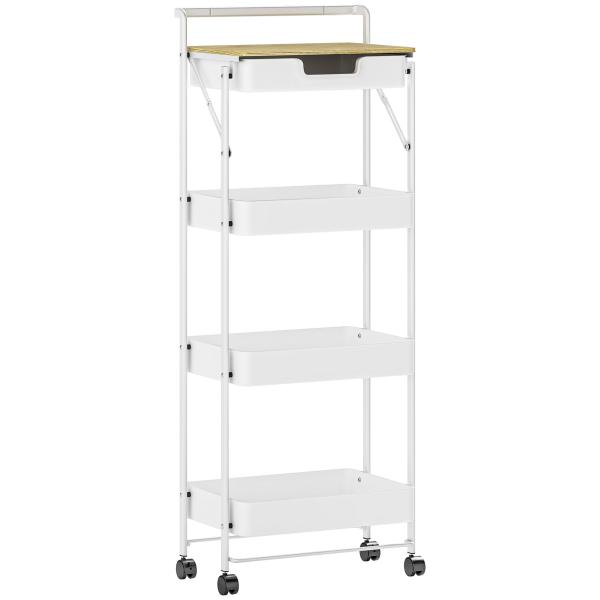 Carrinho Auxiliar com Rodas de 4 Níveis Carrinho de Cozinha com 1 Gaveta e 3 Cestos Carrinho Organizador 45x29,5x117,5 cm Branco