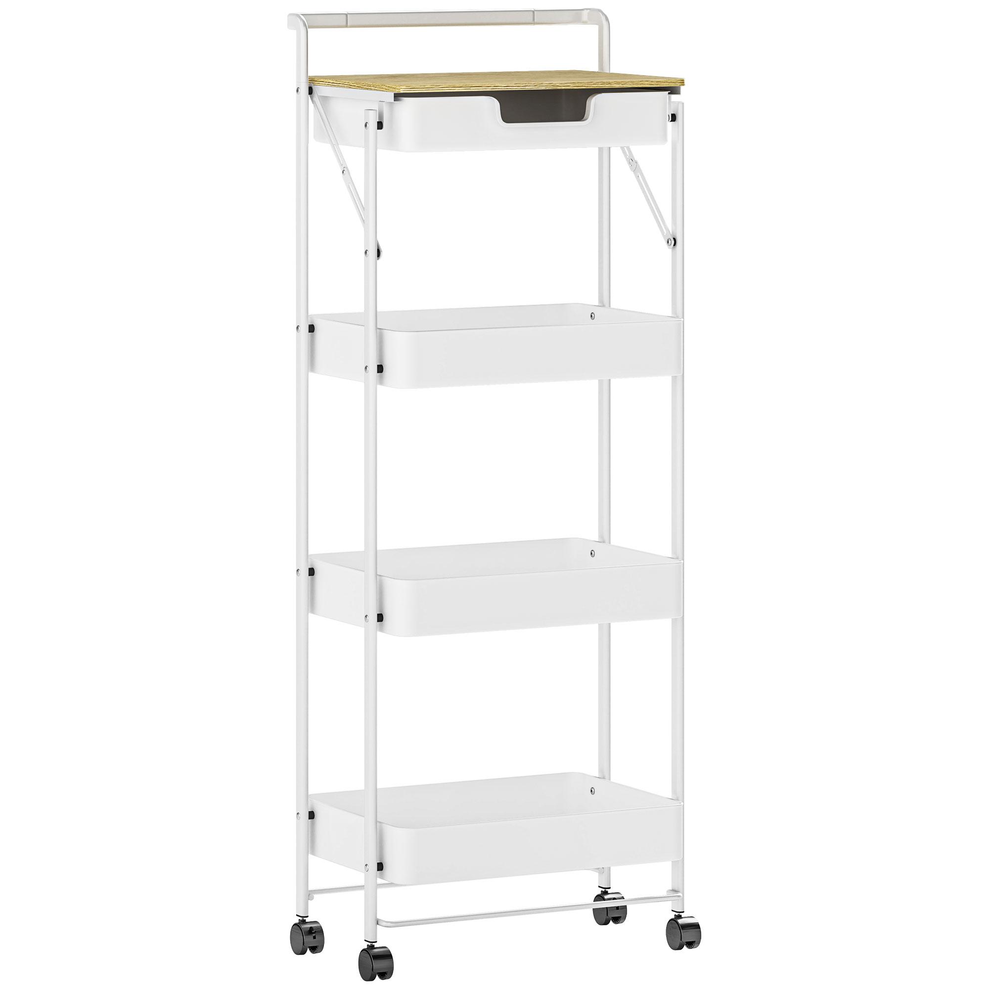 Carrinho Auxiliar com Rodas de 4 Níveis Carrinho de Cozinha com 1 Gaveta e 3 Cestos Carrinho Organizador 45x29,5x117,5 cm Branco