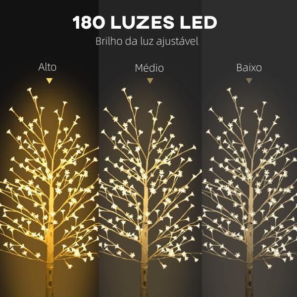 Árvore Cerejeira com 180 Luzes LED IP4 Banco Quente com Luz Ajustável em 3 Modos 21,5x21,5x180cm Branco