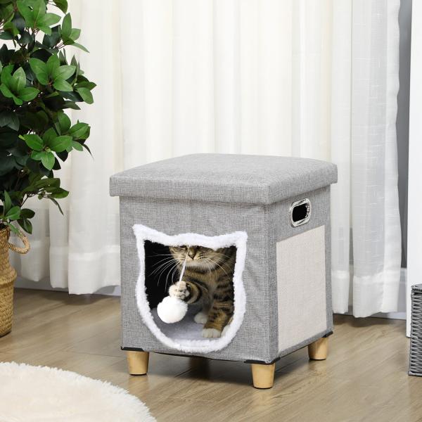 Casa para Gatos 2 em 1 com Apoio para os Pés com Almofada Amovível e Almofada para Arranhar 35,5x35,5x42,5 cm Cinza