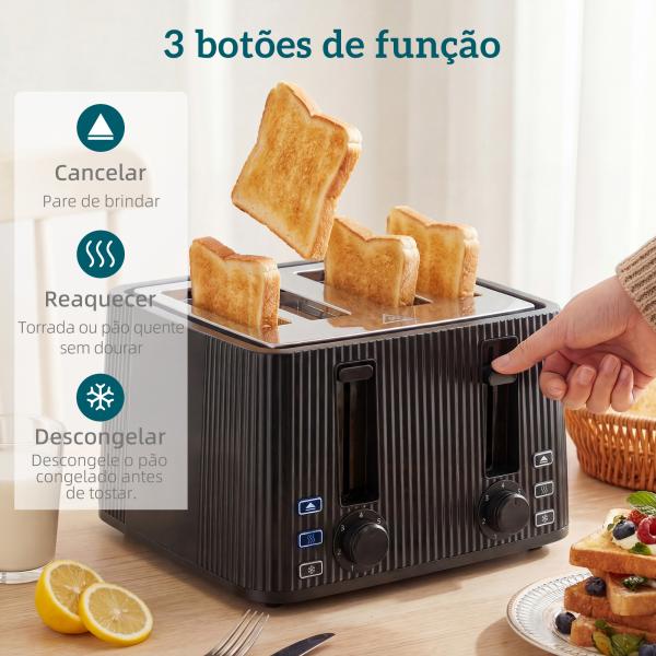 Torradeira de 4 Ranhuras Largas 7 Níveis de Torragem Função Descongelar Aquecer e Cancelar Bandeja Removível Preto