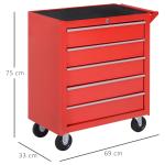 Carrinho de Ferramentas com 5 Gavetas Rodas Trava Armário de Armazenamento para Oficina de Garagem e Chapa de Aço 69x33x75 cm Vermelho