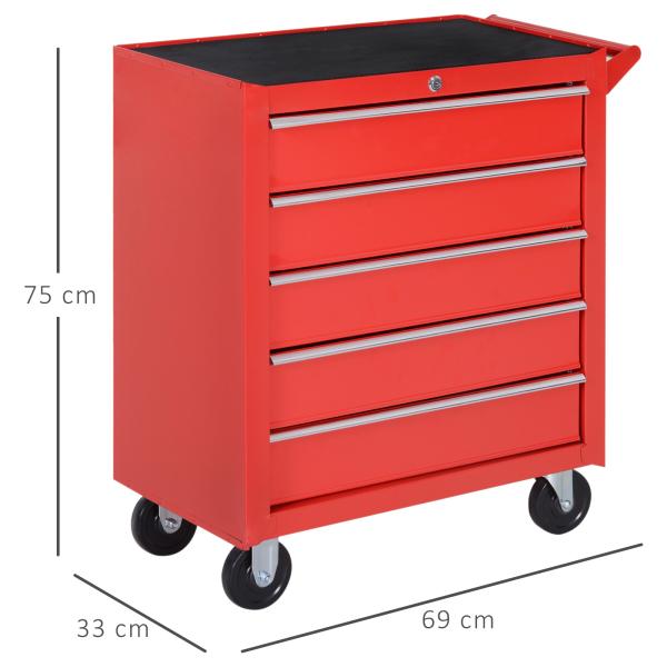 Carrinho de Ferramentas com 5 Gavetas Rodas Trava Armário de Armazenamento para Oficina de Garagem e Chapa de Aço 69x33x75 cm Vermelho