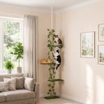 Árvore para Gatos do Chão ao Teto 37x21x202 - 242 cm com 4 Plataformas de Relva Artificial Folhas Artificiais e Poste de Juta Verde