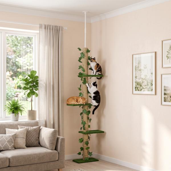 Árvore para Gatos do Chão ao Teto 37x21x202 - 242 cm com 4 Plataformas de Relva Artificial Folhas Artificiais e Poste de Juta Verde