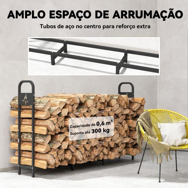 Suporte Metálico para Lenha 199x30x121 cm Suporte para Lenha de Exterior com Estrutura de Aço Pés Extra Preto