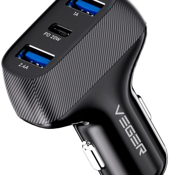 Carregador Isqueiro 2x USB - A / USB - C 37W (Preto) - VEGER