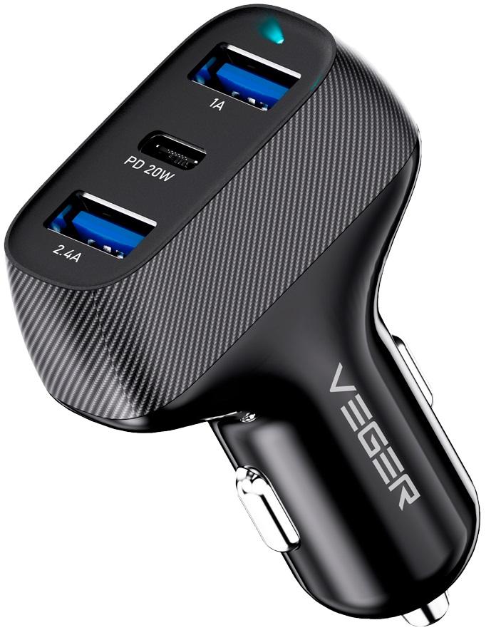 Carregador Isqueiro 2x USB - A / USB - C 37W (Preto) - VEGER