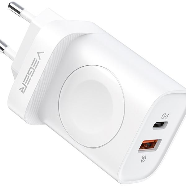 Carregador Duplo USB - A / USB - C c/ Carregador p/ iWatch 25W (Branco) - VEGER