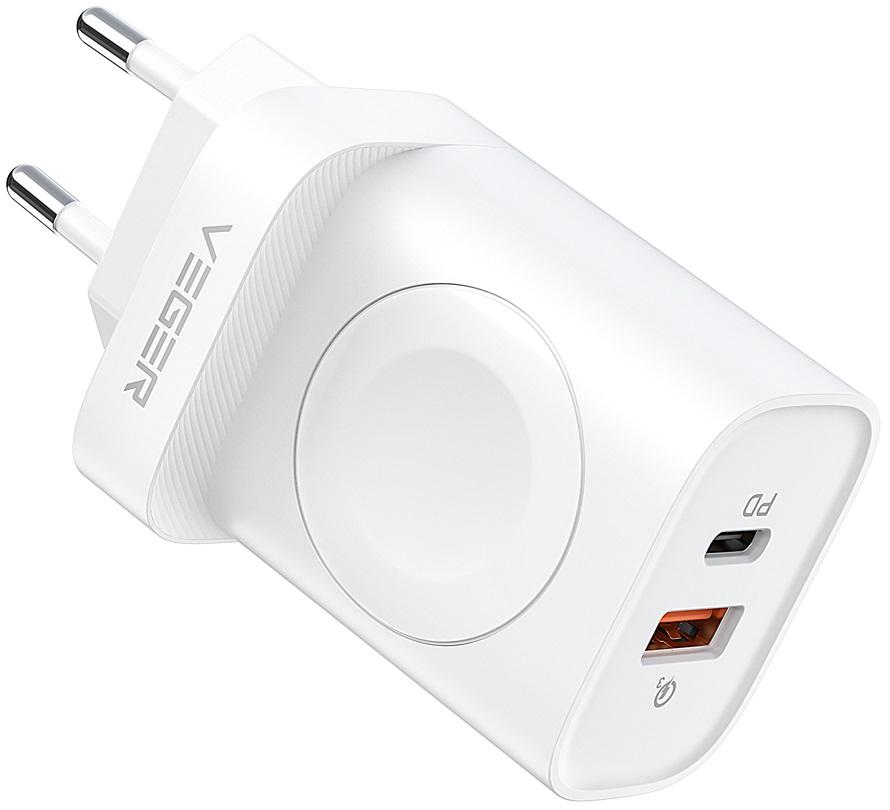 Carregador Duplo USB - A / USB - C c/ Carregador p/ iWatch 25W (Branco) - VEGER