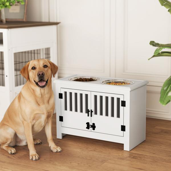 Comedouro Elevado para Cães com 2 Tigelas em Aço Inoxidável 2x2 L, Arrumação 37 L e 2 Portas com Trincos, Branco