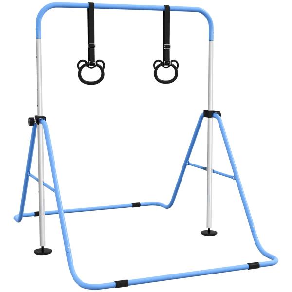 Barra de Ginástica para Crianças com Altura Ajustável em 5 Níveis Anéis e Dobrável 148x105x88 - 128 cm Azul