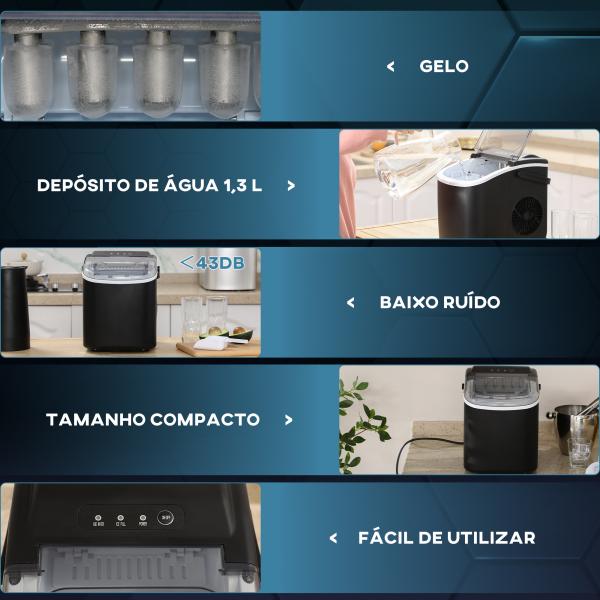 Máquina de Fazer Gelo Silenciosa 12 kg em 24 Horas 9 Cubos em 6 - 12 Minutos Depósito de Água 1,3 L 22,2x29,4x29 cm Preto