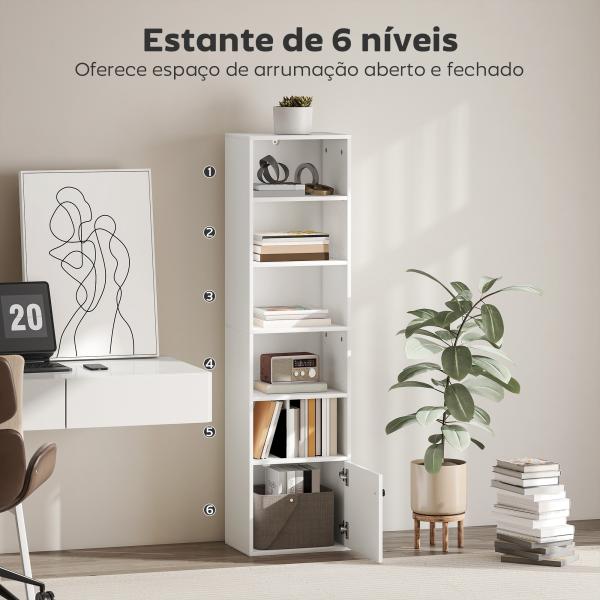 Estante de 6 Níveis Estante para Livros com Prateleiras Ajustáveis e Armário Estante Moderna 40x30x156 cm Branco