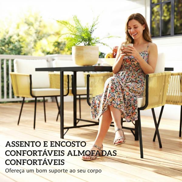 Conjunto de Refeição Jardim de 5 Peças Mesa de Refeição com Imitação de Madeira e 4 Cadeiras com Almofadas Bege e Madeira