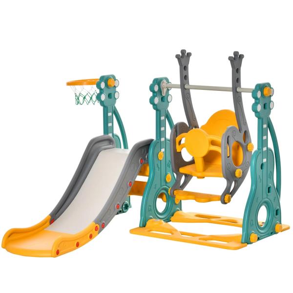 Escorega Infantil com Baloiço e Cesta de Basquetebol 3 em 1 para 18 - 36 Meses com Assento Ajustável Parque Infantil para Interior e Exterior 152x149x107cm Multicor