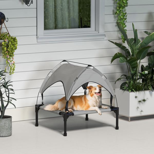 Cama para Cães Elevada com Toldo para Cães Médios com Estrutura de Aço e Bolsa de Transporte 76x61x69,5 cm Cinza Claro