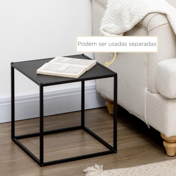 Conjunto de 2 Mesas Mesas de Centro Quadradas para Sala de Estar Estrutura de Aço Grande 40 cm Pequena 35 cm Preto