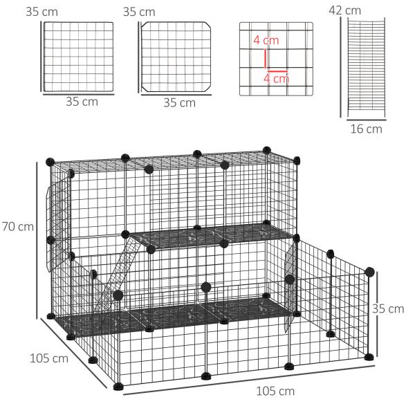 Recinto para Pequenos Animais DIY com 24 Painéis com Grade Metálica Recinto Modular para Coelhos Chinchilas 105x105x70cm