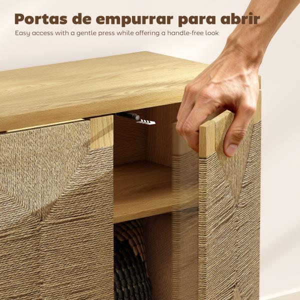 Aparador Boémio de 2 Portas com Corda Tecida à Mão Prateleira Ajustável Abertura por Pressão 60x40x78 cm Carvalho