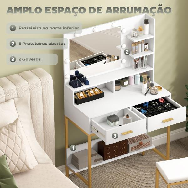 Toucador de Maquilhagem com Luz e Banco Mesa de Maquilhagem com 2 Gavetas e Prateleiras Estilo Moderno para Quarto Branco