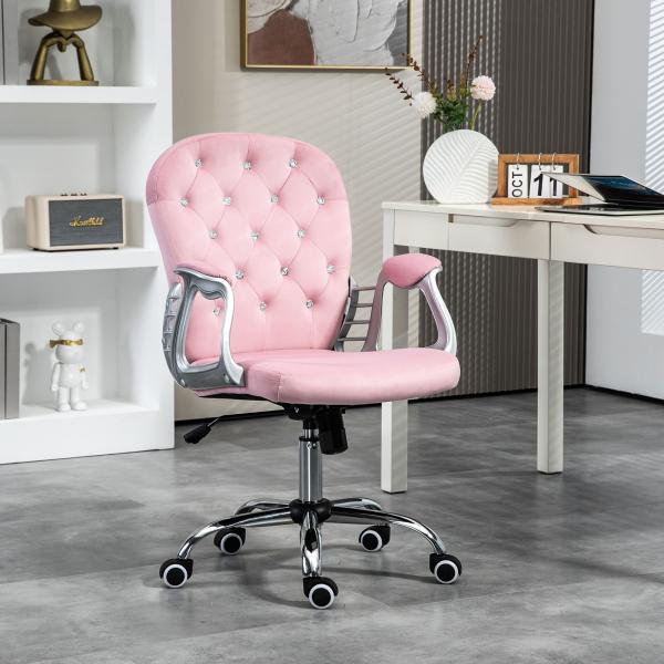Cadeira de Escritório Estofada em Veludo Cadeira Giratória com Altura Ajustável e Decorações de Cristal 59,5x60,5x103 cm Rosa
