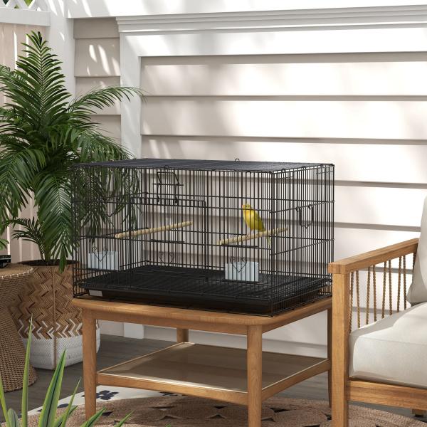 Gaiola para Pássaros 77x46x45 cm Gaiola de Metal para Pássaros com Bandeja Amovível 2 Poleiros e 2 Comedouros Preto