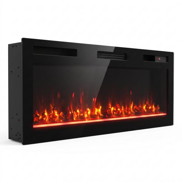 Lareira Elétrica Ultrafina 900/1800 W Encastrável/Mural/De Pé, 12 Cores de Chama 3D, Comando à Distância, até 35 m², Preta