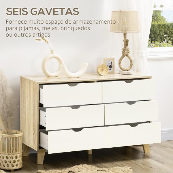 Cómoda com 6 Gavetas e Pés Elevados Cómoda para Dormitório Estilo Moderno Anti - Tombo 120x40x76cm Madeira e Branco