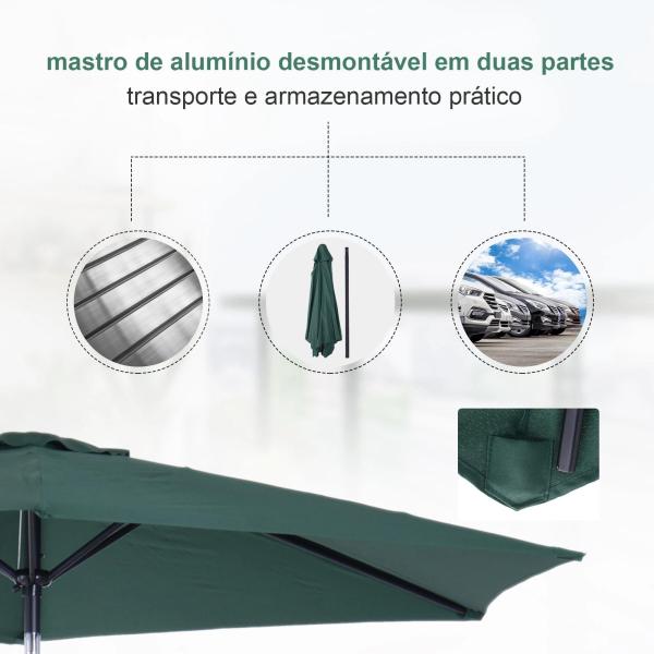 Chapéu de Sol de Jardim Ø270x235cm Chapéu de Sol de Alumínio Reclinável com Manivela e 6 Hastes para Terraço Exterior Balcão Verde