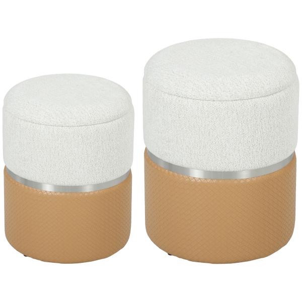 Conjunto de 2 Puffs de Armazenamento Estofados em Chenille e PU Assento Acolchoado para Entrada Quarto ou Sala Castanho e Creme