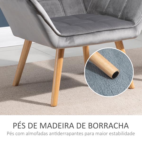 Poltrona de Sala Moderna Estofada em Veludo com Pés de Madeira, Poltrona Relax para Sala de Estar, Cinzento