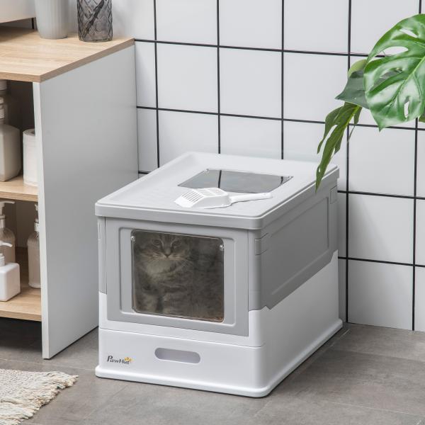 Caixa de Areia para Gatos Dobrável Caixa de Areia para Gatos Fechada com Bandeja Removível e Pá 47,5x35,5x36,7cm Cinza