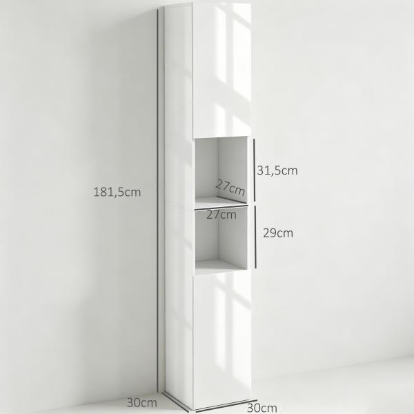 Armário Alto e Estreito para Casa de Banho com Portas e Prateleiras Ajustáveis 30x30x181,5 cm Branco Brilhante