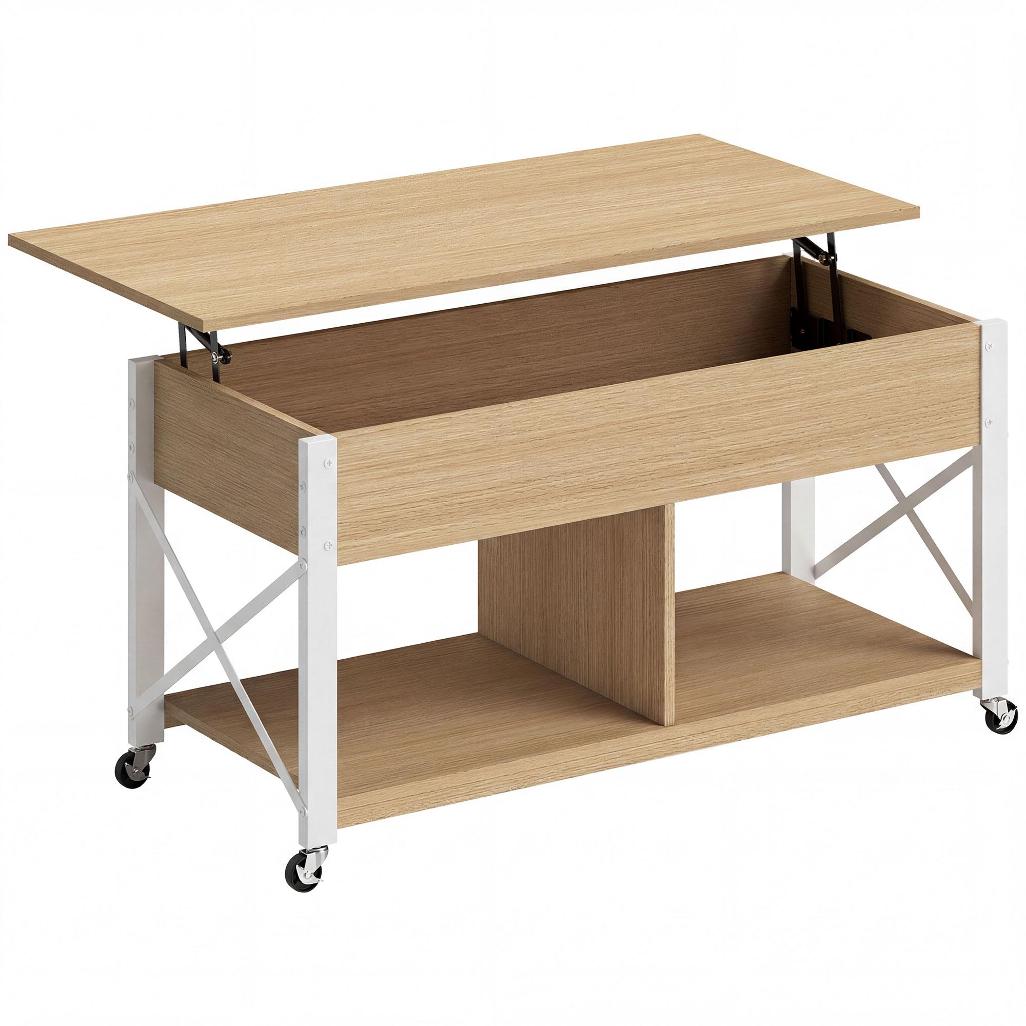 Mesa de Centro Elevatória com Rodas Compartimento Oculto e Prateleiras Abertas 105x50x67 cm Madeira e Branco