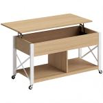 Mesa de Centro Elevatória com Rodas Compartimento Oculto e Prateleiras Abertas 105x50x67 cm Madeira e Branco