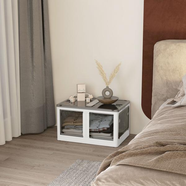 Caixa de Armazenamento Empilhável com Tampa 69L Caixa Organizadora Dobrável com Rodas 60x42x34 cm Branco
