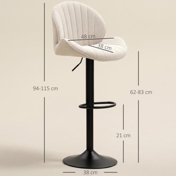Conjunto de 2 Bancos de Bar Giratórios com Altura Ajustável 62 - 83 cm, Revestidos em Chenille, com Encosto e Apoio para os Pés, Bege