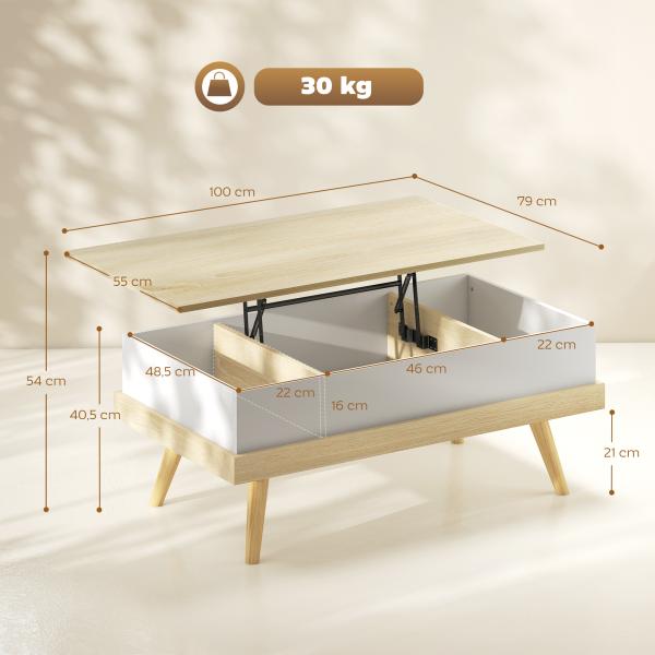 Mesa de Centro Elevatória com 3 Compartimentos de Armazenamento Ocultos e Pés de Madeira 100x79x54 cm Madeira e Branco