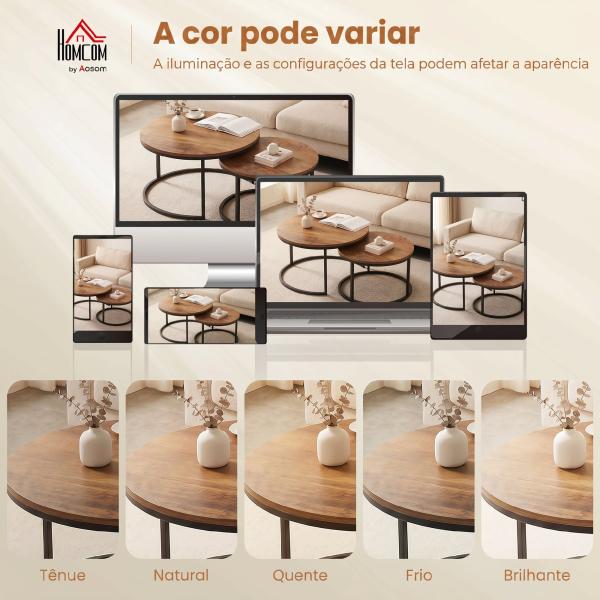 Conjunto de 2 Mesas de Centro Redondas Ninho Industriais com Estrutura Metálica para Sala ou Quarto Castanho